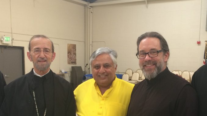 From left to right are— Retired Greek Orthodox priest George Bratiotis, Metropolitan Gerasimos, Hindu statesman Rajan Zed, Reno St. Anthony Greek Orthodox Church Presiding Priest Stephen Karcher, Russian Orthodox priest Father Oleg.